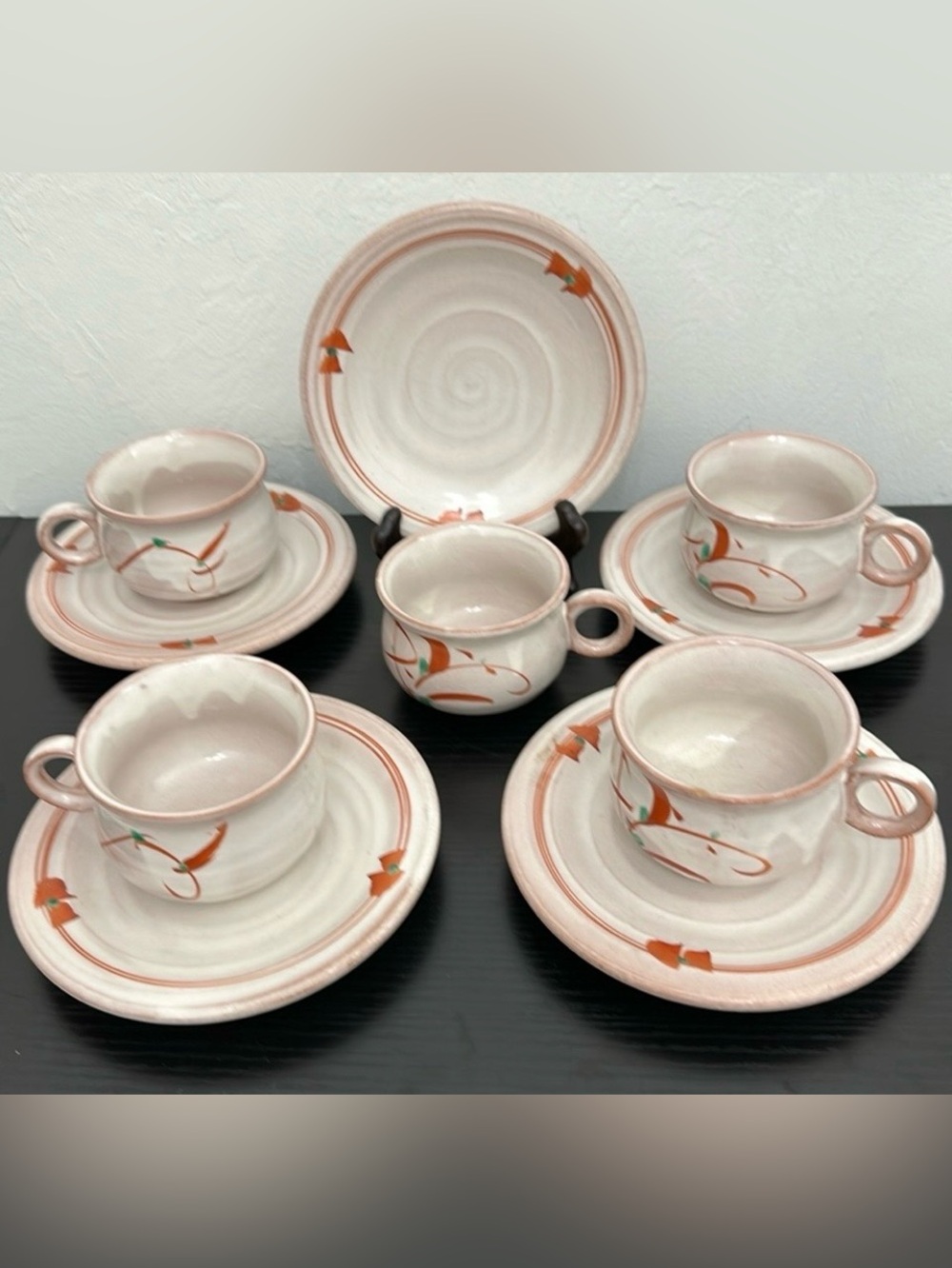 Rare Tachikichi Japanese Pottery Cup & Saucer Set of 5 Vintage In Box